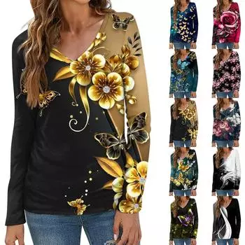 Женский модный повседневный топ на пуговицах с длинным рукавом и цветочным принтом, v-образным вырезом и пуговицами XXXL синий