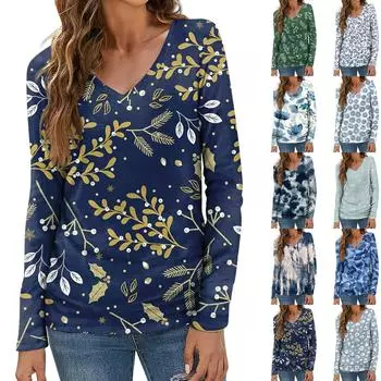 Женский модный повседневный топ на пуговицах с длинным рукавом и цветочным принтом, v-образным вырезом и пуговицами XXL