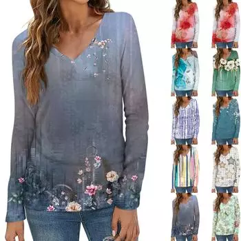 Женский модный повседневный топ на пуговицах с длинным рукавом и цветочным принтом, v-образным вырезом и пуговицами XXXL