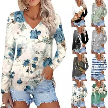 Женский модный повседневный топ на пуговицах с длинным рукавом и цветочным принтом, v-образным вырезом и пуговицами L темно-фиолетового
