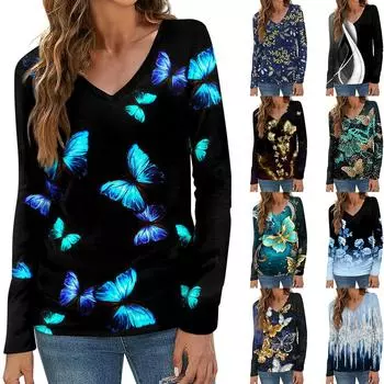Женский модный повседневный топ на пуговицах с длинным рукавом и цветочным принтом, v-образным вырезом и пуговицами L