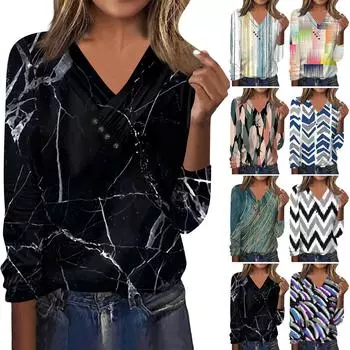 Женский модный повседневный топ на пуговицах с длинными рукавами и v-образным вырезом с принтом в винтажном стиле L чёрный