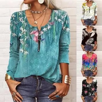 Женский модный повседневный топ с цветочным принтом и застежкой-молнией с длинными рукавами и круглым вырезом S чёрный