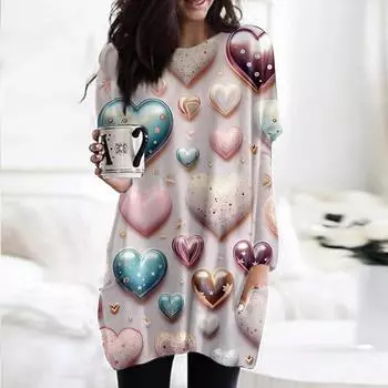 Женский модный повседневный топ с длинным рукавом и круглым вырезом ко Дню святого Валентина с принтом в виде сердца L бежевый