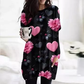 Женский модный повседневный топ с длинным рукавом и круглым вырезом ко Дню святого Валентина с принтом в виде сердца L чёрный