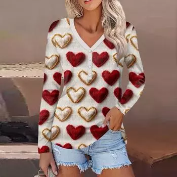 Женский модный повседневный топ с длинным рукавом и V-образным вырезом на пуговицах ко Дню святого Валентина с принтом в виде сердца L бежевый