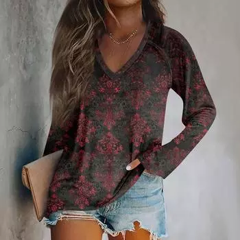 Женский модный повседневный топ с длинным рукавом и принтом на Хэллоуин с V-образным вырезом XL