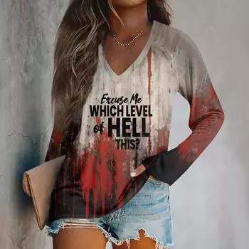 Женский модный повседневный топ с длинным рукавом и принтом на Хэллоуин с V-образным вырезом XL чёрный