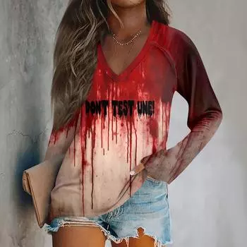 Женский модный повседневный топ с длинным рукавом и принтом на Хэллоуин с V-образным вырезом XL