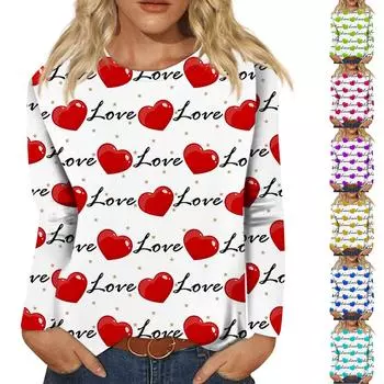 Женский модный повседневный топ с длинным рукавом и круглым вырезом с принтом ко Дню святого Валентина L синий
