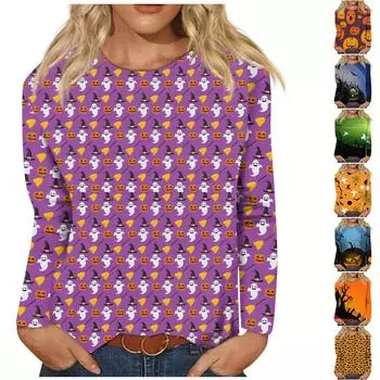 Женский модный повседневный топ с длинным рукавом в полоску на Хэллоуин и круглым вырезом с принтом XXXL чёрный
