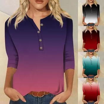 Женский модный повседневный топ с длинным рукавом и семью частями на пуговицах с градиентным принтом и воротником L чёрный