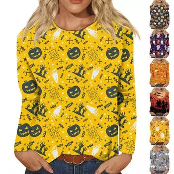 Женский модный повседневный топ с длинным рукавом в полоску на Хэллоуин и круглым вырезом с принтом XL