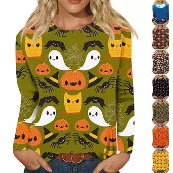 Женский модный повседневный топ с длинным рукавом в полоску на Хэллоуин и круглым вырезом с принтом XL кофейный