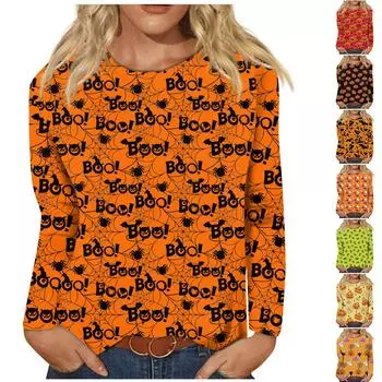 Женский модный повседневный топ с длинным рукавом в полоску на Хэллоуин и круглым вырезом с принтом M жёлтый