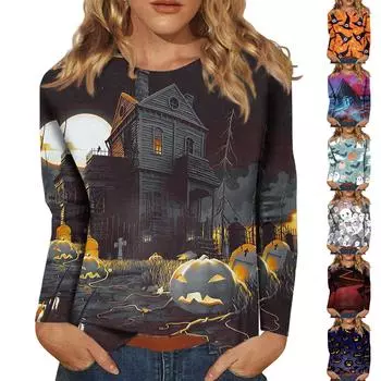 Женский модный повседневный топ с длинным рукавом в полоску на Хэллоуин и круглым вырезом с принтом M