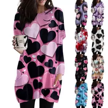 Женский модный повседневный топ с длинным рукавом и круглым вырезом ко Дню святого Валентина с принтом в виде сердца L чёрный