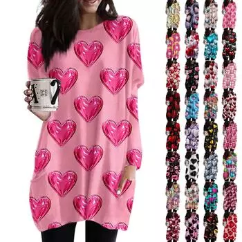 Женский модный повседневный топ с длинным рукавом и круглым вырезом ко Дню святого Валентина с принтом в виде сердца L чёрный