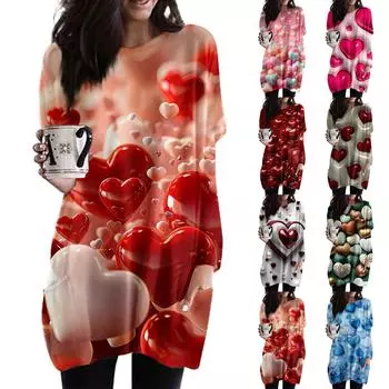 Женский модный повседневный топ с длинным рукавом и круглым вырезом ко Дню святого Валентина с принтом в виде сердца L синий