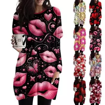 Женский модный повседневный топ с длинным рукавом и круглым вырезом ко Дню святого Валентина с принтом в виде сердца L