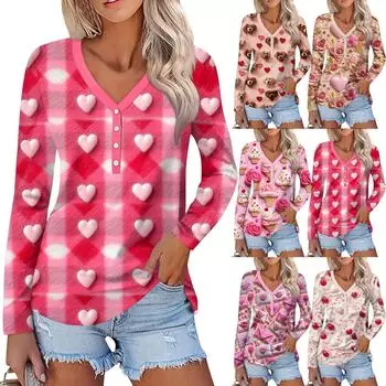 Женский модный повседневный топ с длинным рукавом и V-образным вырезом на пуговицах ко Дню святого Валентина с принтом в виде сердца XXL