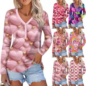 Женский модный повседневный топ с длинным рукавом и V-образным вырезом на пуговицах ко Дню святого Валентина с принтом в виде сердца M