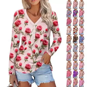 Женский модный повседневный топ с длинным рукавом и V-образным вырезом на пуговицах ко Дню святого Валентина с принтом в виде сердца M