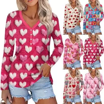 Женский модный повседневный топ с длинным рукавом и V-образным вырезом на пуговицах ко Дню святого Валентина с принтом в виде сердца S