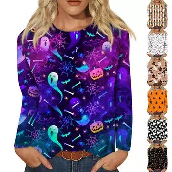 Женский модный повседневный топ с длинным рукавом в полоску на Хэллоуин и круглым вырезом с принтом L хаки