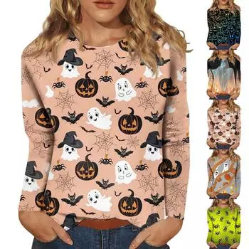 Женский модный повседневный топ с длинным рукавом в полоску на Хэллоуин и круглым вырезом с принтом M розовый