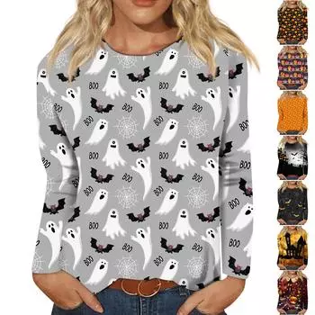 Женский модный повседневный топ с длинным рукавом в полоску на Хэллоуин и круглым вырезом с принтом XXL чёрный