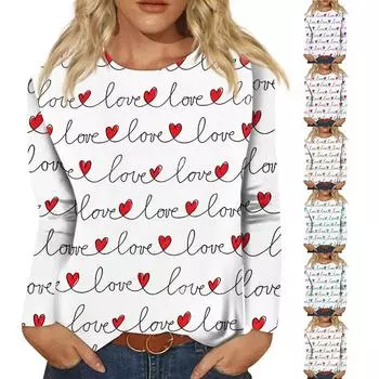 Женский модный повседневный топ с длинным рукавом и круглым вырезом с принтом ко Дню святого Валентина XXL красный