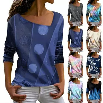 Женский модный повседневный топ с длинными рукавами и нерегулярным V-образным вырезом с принтом Топ с длинными рукавами M чёрный
