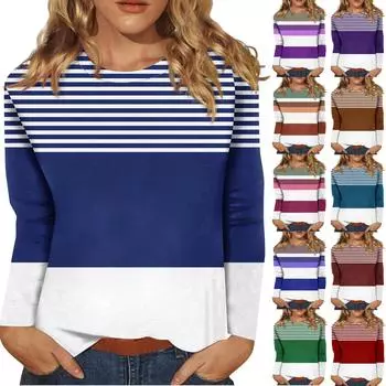 Женский модный повседневный топ с длинными рукавами в полоску с принтом и круглым вырезом Топ с длинными рукавами S оранжевый