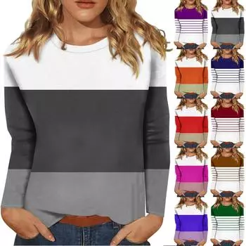 Женский модный повседневный топ с длинными рукавами в полоску с принтом и круглым вырезом Топ с длинными рукавами L