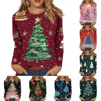 Женский модный повседневный топ с длинными рукавами и рождественским принтом с круглым вырезом Топ с длинными рукавами XXXXXL красный