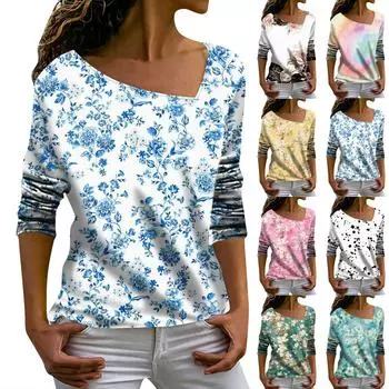 Женский модный повседневный топ с длинными рукавами и нерегулярным V-образным вырезом с принтом Топ с длинными рукавами XL