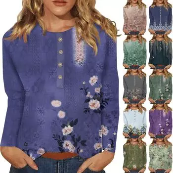 Женский модный повседневный топ с длинными рукавами и пуговицами с круглым вырезом и круглым вырезом L