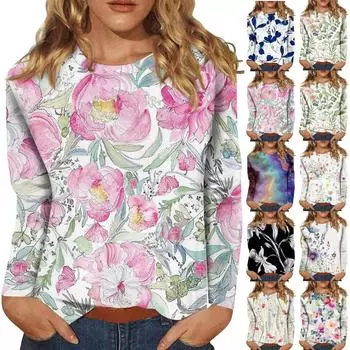 Женский модный повседневный топ с длинными рукавами с цветочным принтом и круглым вырезом Топ с длинными рукавами XXL