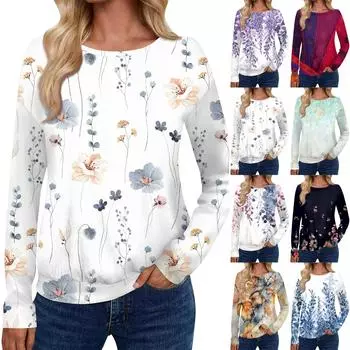 Женский модный повседневный топ с длинными рукавами и принтом, открытыми плечами и круглым вырезом S фиолетовый