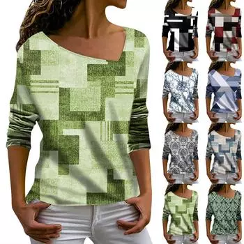 Женский модный повседневный топ с длинными рукавами и нерегулярным V-образным вырезом с принтом Топ с длинными рукавами XXL