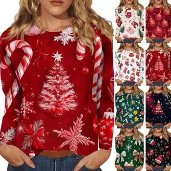 Женский модный повседневный топ с длинными рукавами и рождественским принтом с круглым вырезом Топ с длинными рукавами XXL розовый