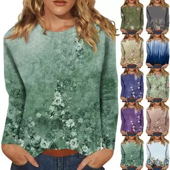 Женский модный повседневный топ с длинными рукавами с цветочным принтом и круглым вырезом Топ с длинными рукавами L армия зеленый