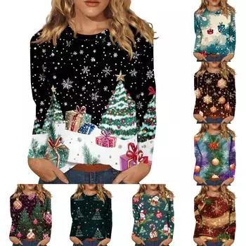 Женский модный повседневный топ с длинными рукавами и рождественским принтом с круглым вырезом Топ с длинными рукавами XL коричневый