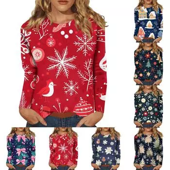 Женский модный повседневный топ с длинными рукавами и рождественским принтом с круглым вырезом Топ с длинными рукавами L