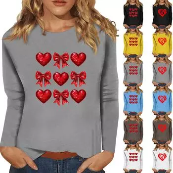 Женский модный повседневный топ с длинными рукавами и принтом ко Дню святого Валентина, с круглым вырезом, с длинными рукавами L чёрный