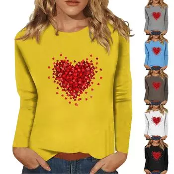 Женский модный повседневный топ с длинными рукавами и принтом ко Дню святого Валентина, с круглым вырезом, с длинными рукавами L