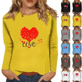 Женский модный повседневный топ с длинными рукавами и принтом ко Дню святого Валентина, с круглым вырезом, с длинными рукавами L чёрный