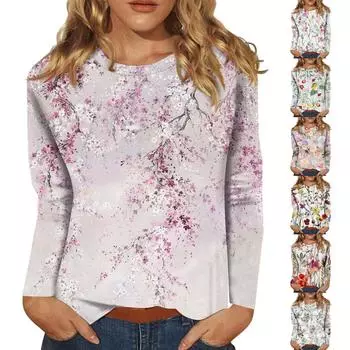 Женский модный повседневный топ с длинными рукавами с цветочным принтом и круглым вырезом Топ с длинными рукавами XL