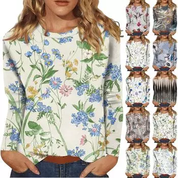 Женский модный повседневный топ с длинными рукавами с цветочным принтом и круглым вырезом Топ с длинными рукавами L